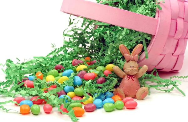 Easter Basket Tipped Over Spilling Candy — Stock Photo, Image