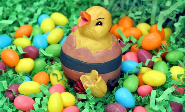 An Easter Chick Sitting in Jellybeans and Grass — Stock Photo, Image