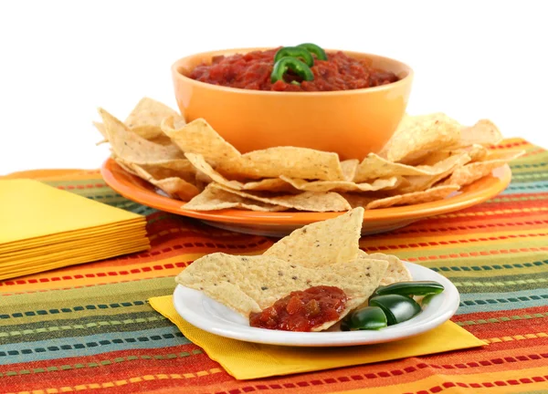 Tortillachips och salsa med kopia utrymme. — Stockfoto