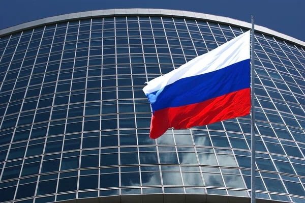 Ruské Vlajky Pozadí Windows Kancelářská Budova — Stock fotografie