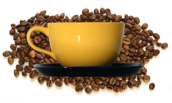 Large Yellow Cup Black Saucer Background Coffee Beans Isolated White — Stock Photo, Image