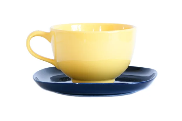Large Yellow Cup Black Saucer Isolated White — Stock Photo, Image