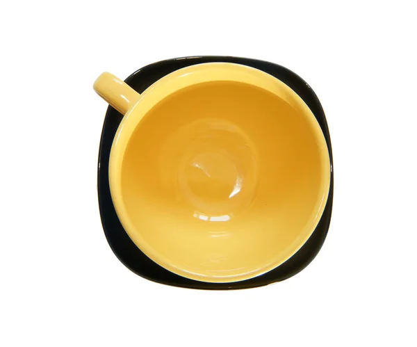 Large Yellow Cup Black Saucer Top View Isolated White — Stock Photo, Image