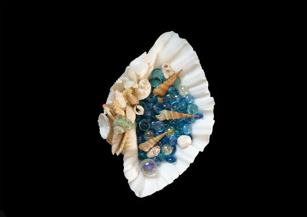 Большая морская раковина с голубыми стеклянными камнями и маленькими ракушками, изолированными на чёрном — стоковое фото