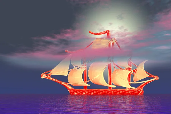 Een Klein Zeilschip Met Grote Zeilen Zee Wolken — Stockfoto