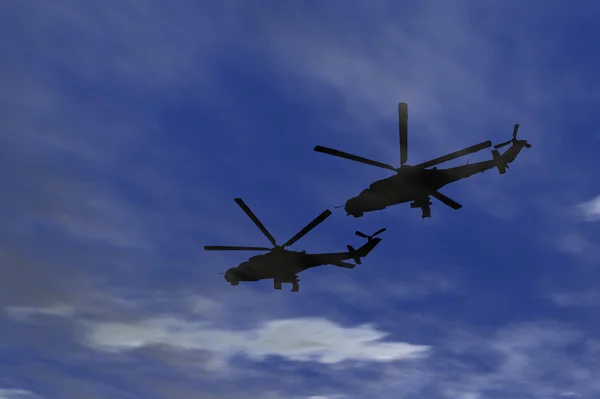 Deux hélicoptères militaires volent au combat contre le ciel, Russie — Photo