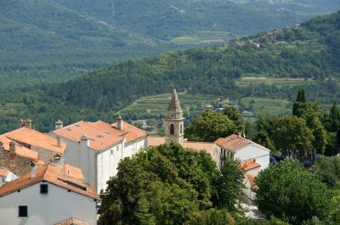 Kırmızı çatılar ve yüksek bir noktada vadiden evin manzarası. motovun, croatia kasabadan