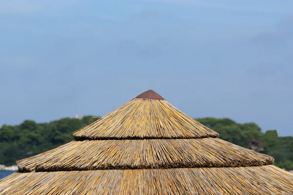 Пляжный Зонтик Фоне Ясного Летнего Неба — стоковое фото