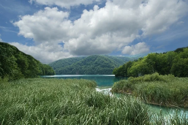 Τοπίο Αποτελείται Από Βουνά Και Λίμνη Των Λιμνών Plitvice Εθνικό — Φωτογραφία Αρχείου
