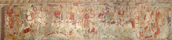 Panoramabild av medeltida fresker i religiösa frågor i basilika — Stockfoto