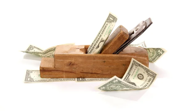 工作和收入。旧的木材刨刀和纸钞票 — 图库照片