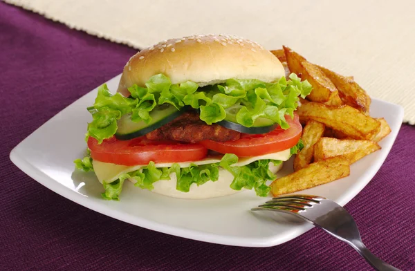 Hamburger with Fries and Fork — Stock Photo, Image