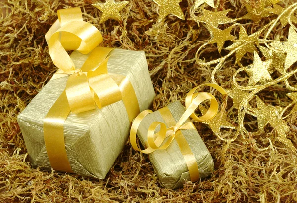 Goldene Geschenke auf Moos — Stockfoto