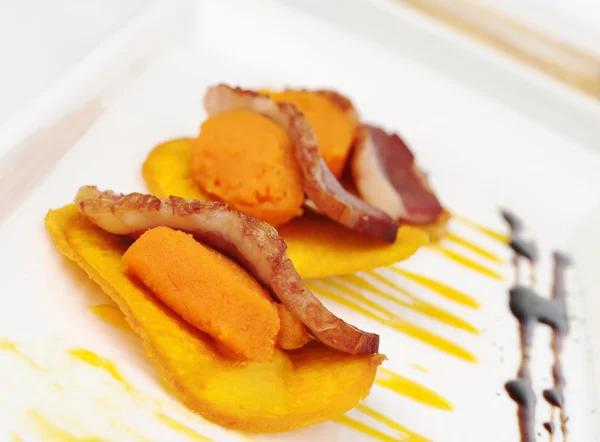 Duck Meat on Sweet Potato Puree and Chip — Stock Photo, Image