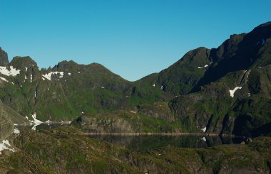 Lake surrounded by mountains on the island group of the Lofoten in Northern Norway clipart