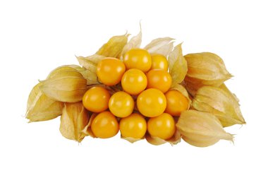 bir sürü vitamin dolu turuncu physalis beyaz (izole, seçici odak üstünde)