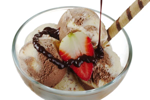 Vanilla Chocolate Ice Cream Strawberry Waffle Roll Chocolate Sauce Being — Stock Photo, Image