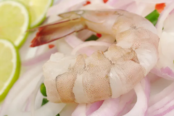 Peruvian Ceviche King Prawn Onion Rings Spring Onion Aji Lime — Stock Photo, Image