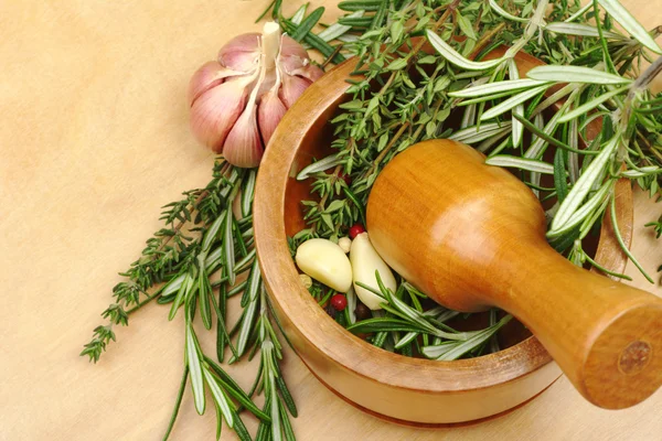 Mortar Garlic Peppercorns Rosemary Thyme Wooden Board Selective Focus — Stock Photo, Image