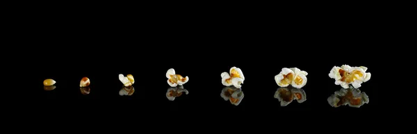 Different Stages Maize Kernel Popcorn Photographed Black Reflection — Stock Photo, Image