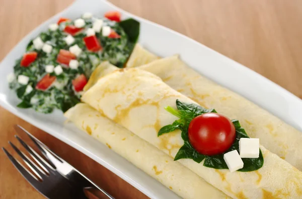 Thin Rolled Crepes Pancakes Spinach Tomatoes Cheese Long White Plate — Stock Photo, Image