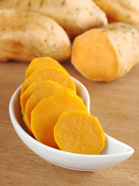 Cooked Sweet Potato Lat Ipomoea Batatas Cut Slices White Bowl — Stock Photo, Image