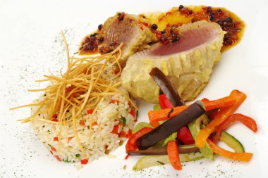 Main Dish: Tuna with Pepper Gravy, Rice and Vegetables clipart