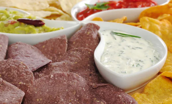 Purple Corn Chips with Cream Cheese Dip — Stock Photo, Image