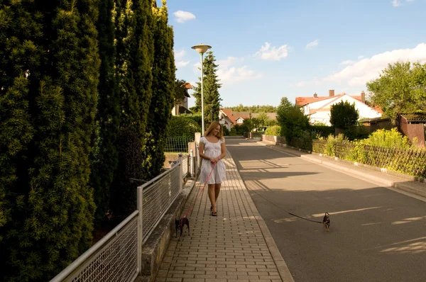 Frau mit zwei Hunden. — Stockfoto