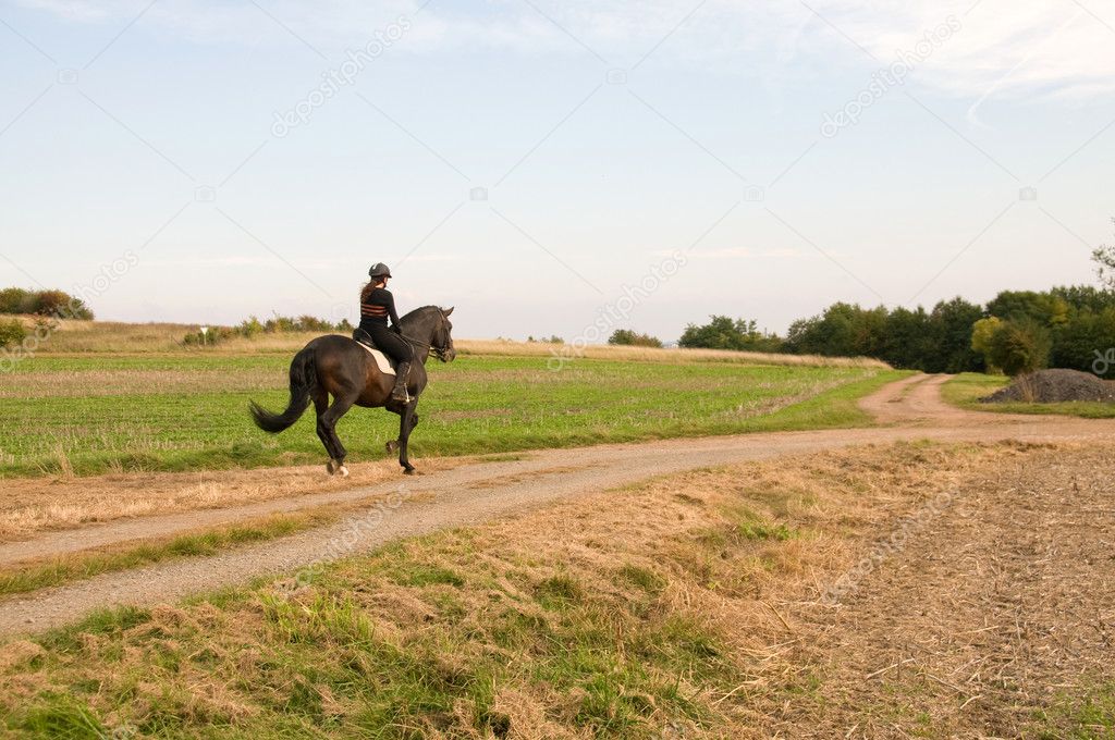 Woman rides at a gallop on a brown horse.