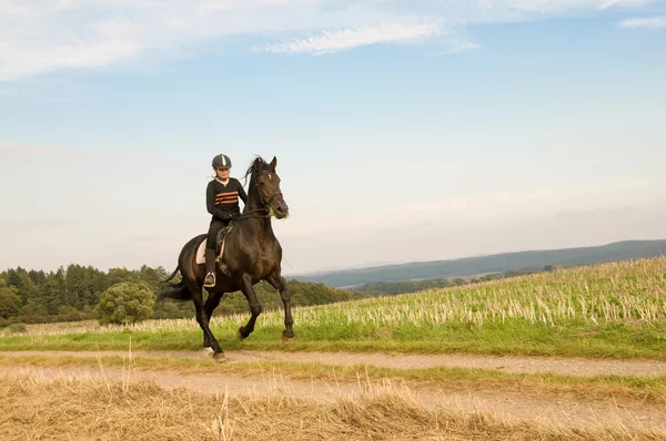 Equestrienne Jeździ Galop Brązowy Koń — Zdjęcie stockowe