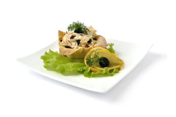 Salad Crab Meat Egg Olives Mayonnaise Basket Isolated — Stock Photo, Image