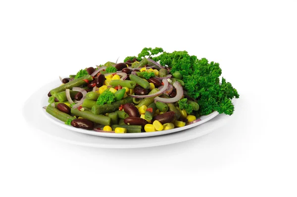 Salat Aus Schoten Und Roten Bohnen Mais Chili Zwiebeln Gemüse — Stockfoto