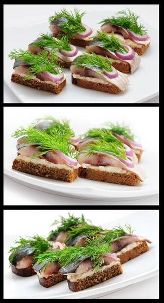 Sendviče žitného chleba s sledě, cibule a byliny. — Stock fotografie