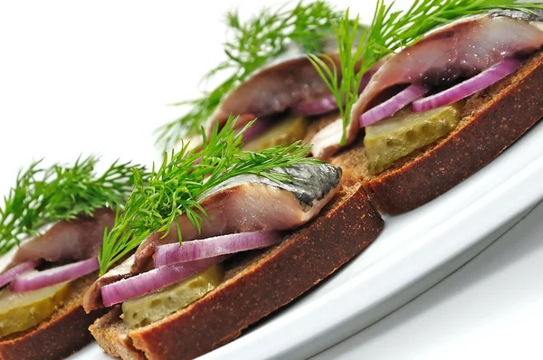 Σάντουιτς ψωμιού από σίκαλη με ρέγγα, κρεμμύδια και βότανα. — Φωτογραφία Αρχείου