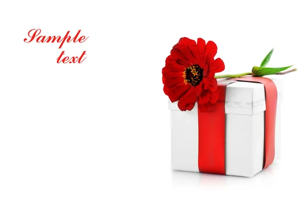 Подарунок з червоною стрічкою і квіткою — стокове фото