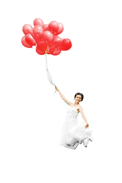 Mariée Robe Blanche Avec Ballons Sur Champ Vert — Photo