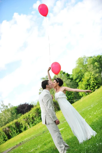 新郎和新娘与气球在绿色的原野上 — 图库照片