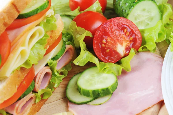 stock image Fresh sandwich and tasty salad on plate, close up