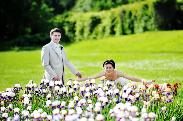 Brudgummen Och Bruden Vit Klänning Promenad Parken Bland Blommor — Stockfoto