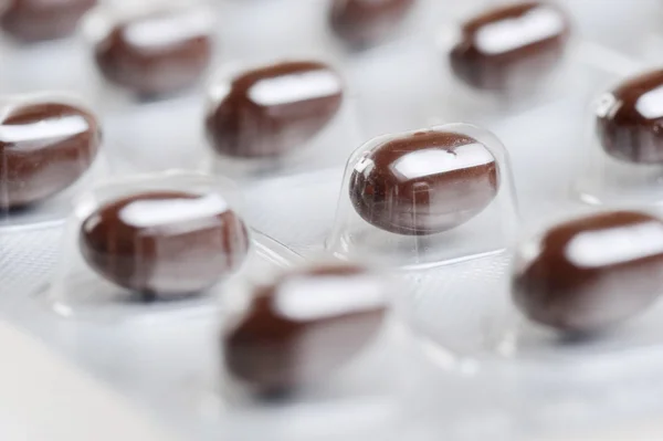 Csomag Barna Tabletták Közelről — Stock Fotó