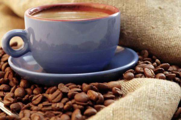 Granos de café y taza con café — Foto de Stock
