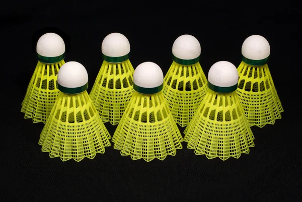 Sju Gula Badminton Bollar Isolerade Svart — Stockfoto