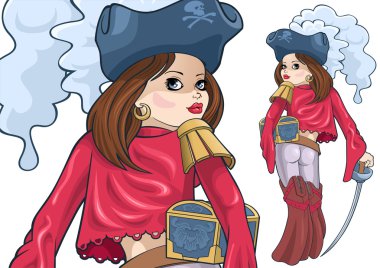 Vector illustration of the girl of the pirate with a sword and a chest. clipart