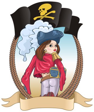 Vector illustration of the girl of the pirate with a sword and a chest. clipart