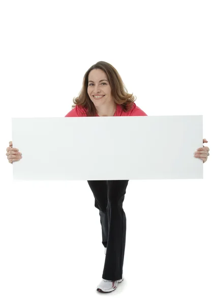 Studio Photo Attractive Mid Adult Woman Holding Blank Sign White — Stock Photo, Image