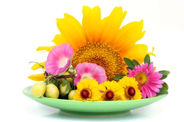 Green plate with August flowers — Stock Photo, Image