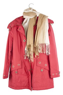 The old red female jacket hangs on a hanger isolated on white clipart