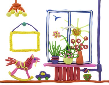 Children's collage from plasticine- window, flowers, toys. Isolated on white clipart