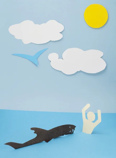 Детский Коллаж Бумаги Грубой Поверхностью Акула Нападает Человека Концепция Запроса — стоковое фото